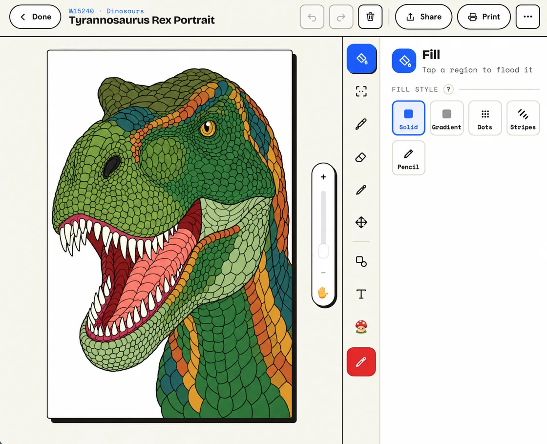 Coloring a T-Rex page online in the Coloring Stop studio