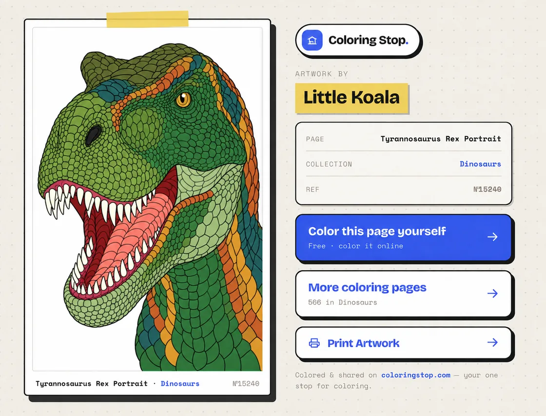 A finished coloring page on its own share page with a unique link
