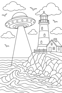 Saucer Over A Lighthouse line art