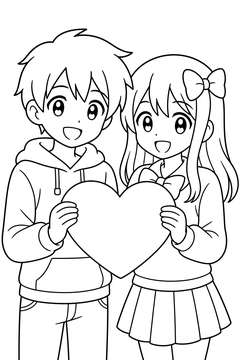 Two Anime Characters Holding A Heart-shaped Sign Together line art