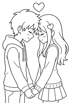Two Anime Characters Touching Foreheads With Shy Smiles line art