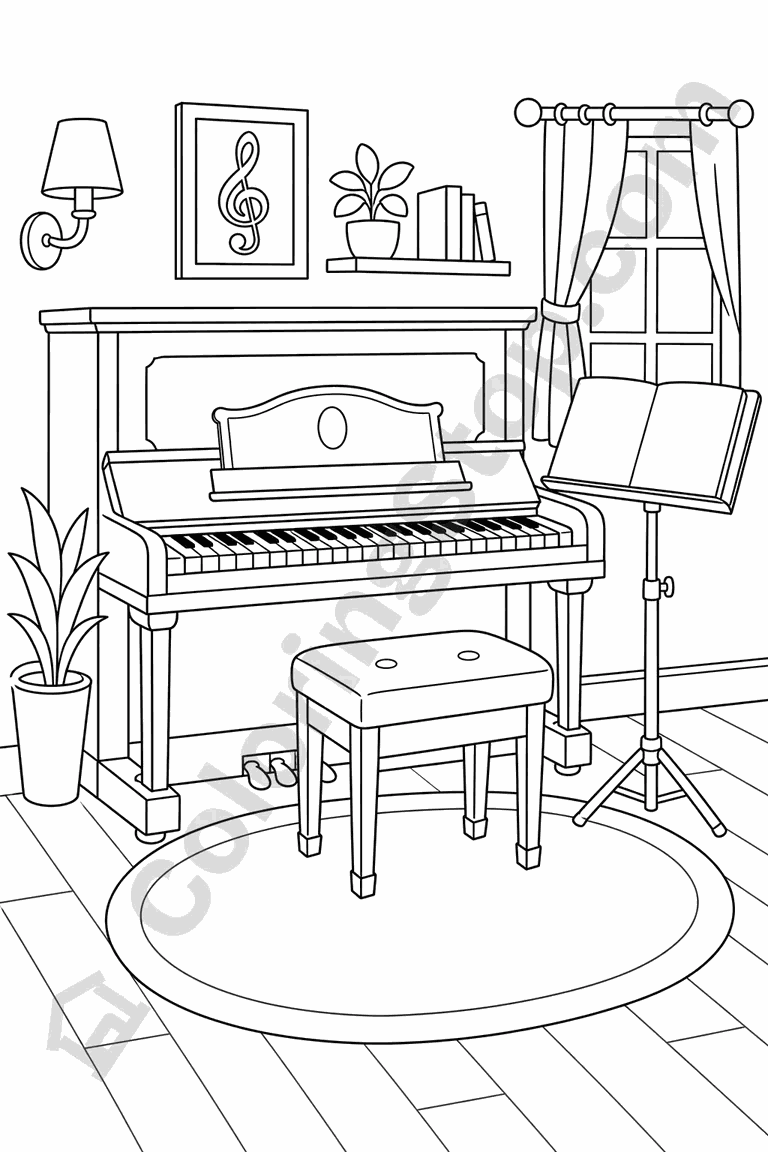 Music Room Piano - line-art coloring page