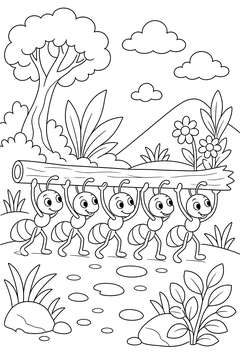 Ant Team Carrying a Stick line art