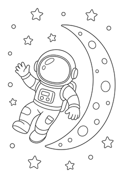 Astronaut Near a Crescent Moon line art