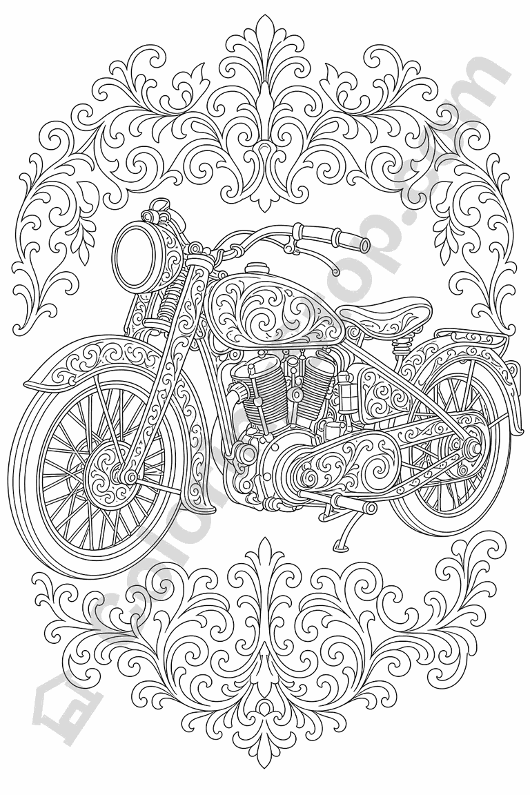 Ornate Vintage Motorcycle - line-art coloring page