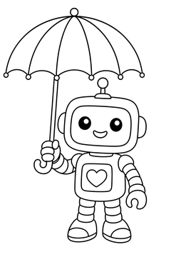 Robot With An Umbrella line art