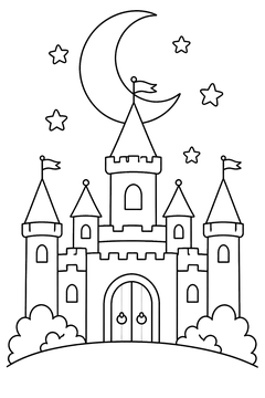 Castle and a Crescent Moon line art