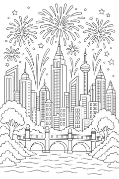 City Skyline With Fireworks line art