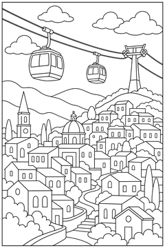 City Skyline With Cable Cars line art