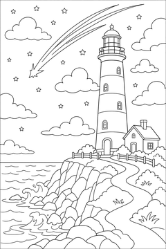 Meteor Over a Lighthouse line art