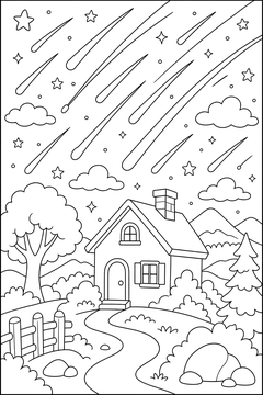 Meteor Shower Over a House line art