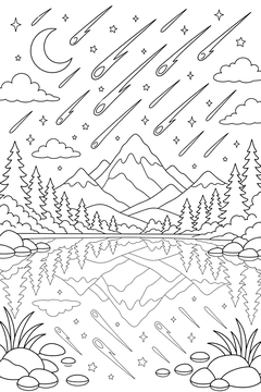 Meteor Shower Over a Lake line art
