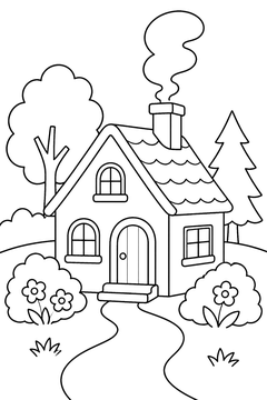 Cottage With A Smoking Chimney line art