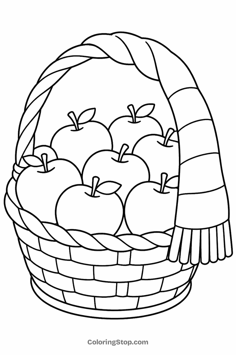Apple Basket With Scarf - line-art coloring page
