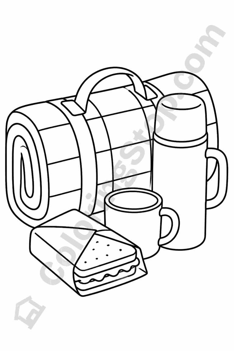 Cozy Picnic With Thermos - line-art coloring page
