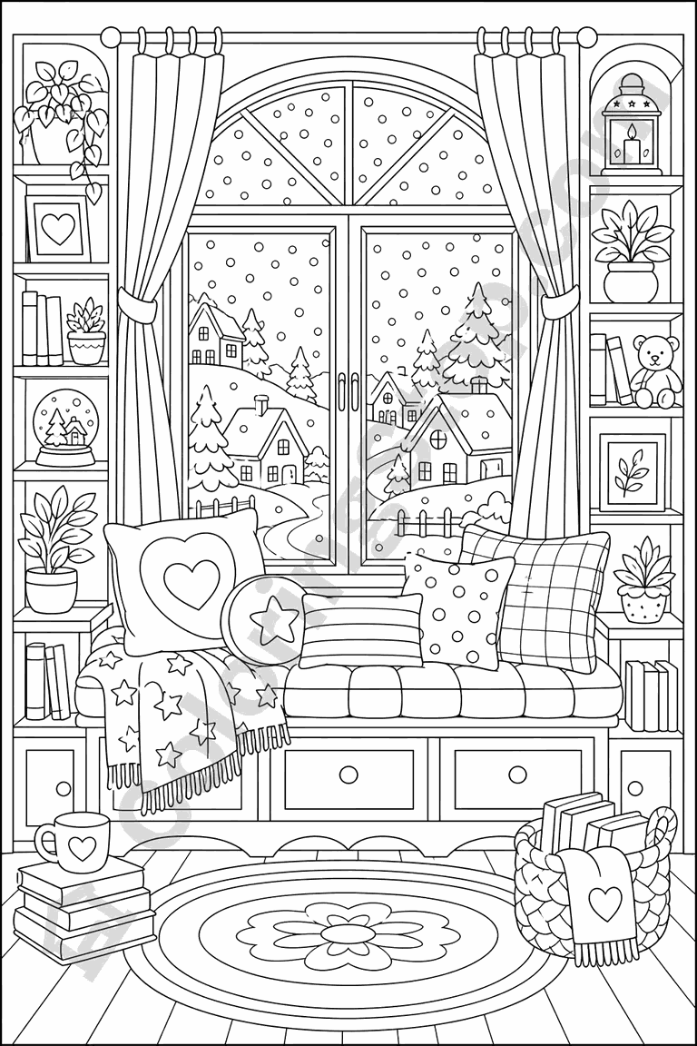 Snowy Window Seat - line-art coloring page