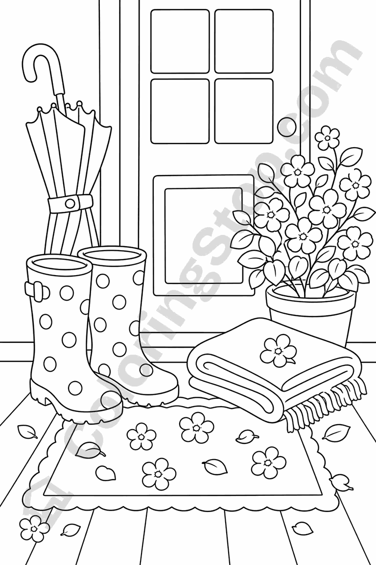 Rainy Day Boots And Umbrella - line-art coloring page