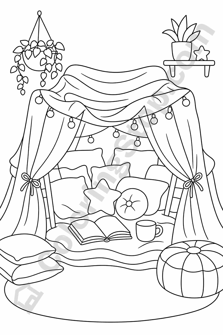 Snug Blanket Fort - line-art coloring page