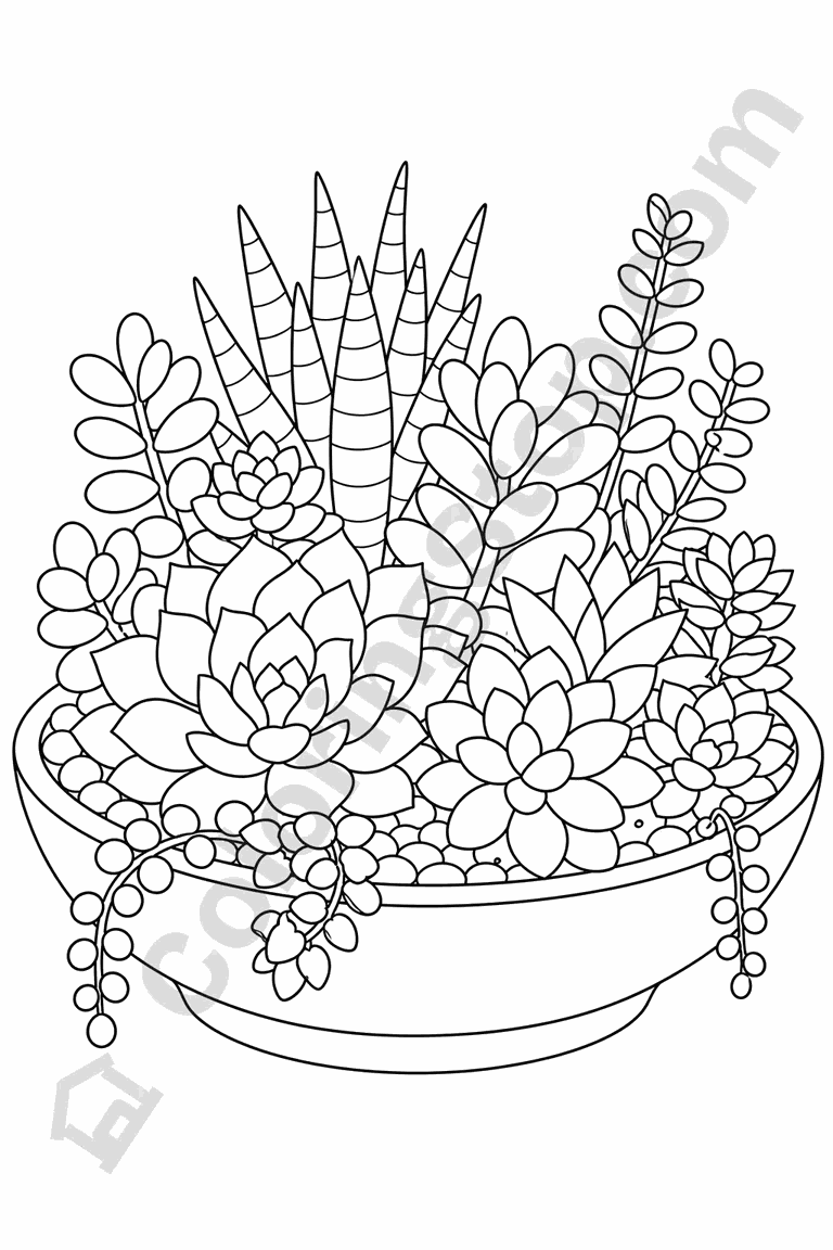 Succulent Garden Bowl - line-art coloring page