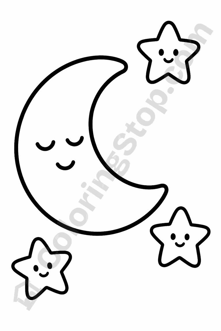 Stars and Crescent Moon - line-art coloring page