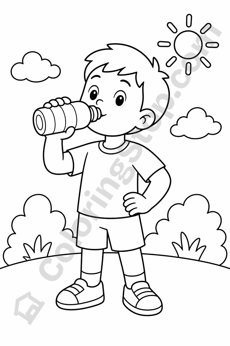Child Drinking Water From A Bottle - line-art coloring page