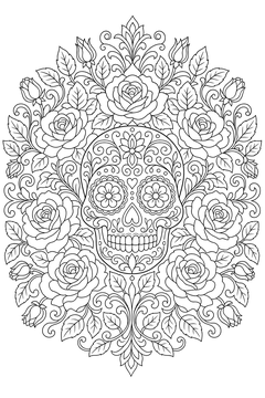 Skull and Roses Mandala line art