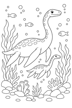 Elasmosaurus With Its Young line art