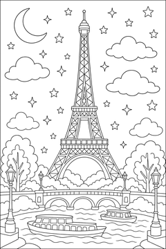 Eiffel Tower At Night - line-art coloring page