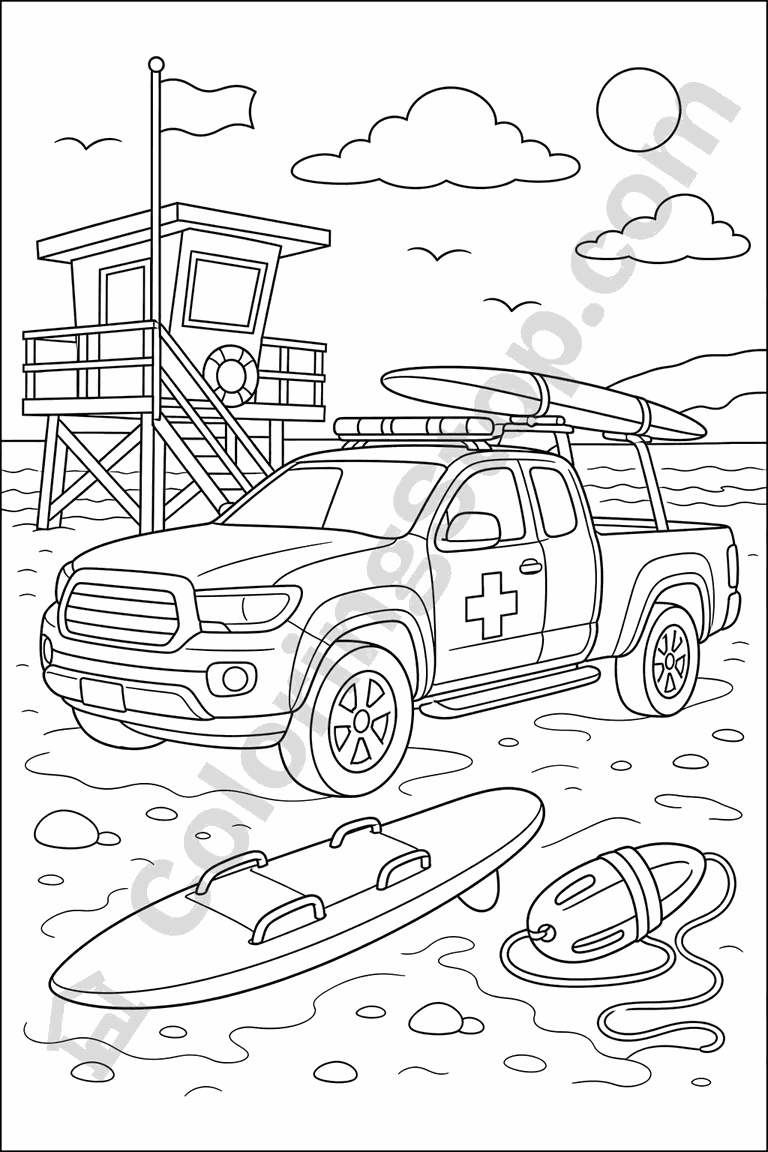 Lifeguard Truck On The Beach - line-art coloring page