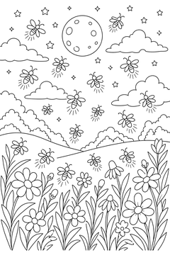 Fireflies at Moonrise - line-art coloring page