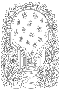 Fireflies Near a Flowering Arch line art