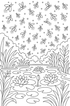 Firefly Swarm Over a Pond line art