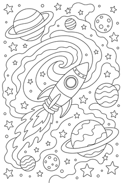 Cosmic Scene With a Rocket line art
