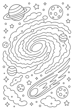 Spiral With a Comet and Moons line art