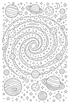 Spiral With Planets, Moons and Clusters line art
