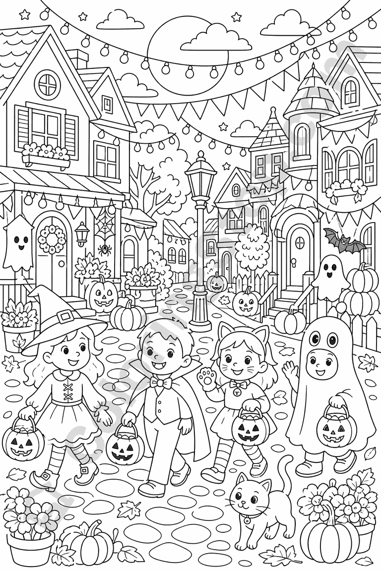 Trick-or-Treat Street - line-art coloring page