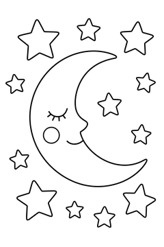 Crescent Moon And Stars line art