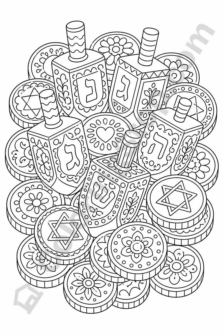 Decorated Gelt and Dreidels - line-art coloring page