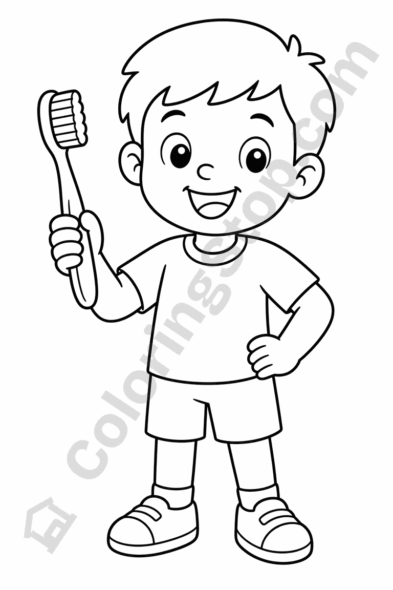 Child Holding A Toothbrush - line-art coloring page