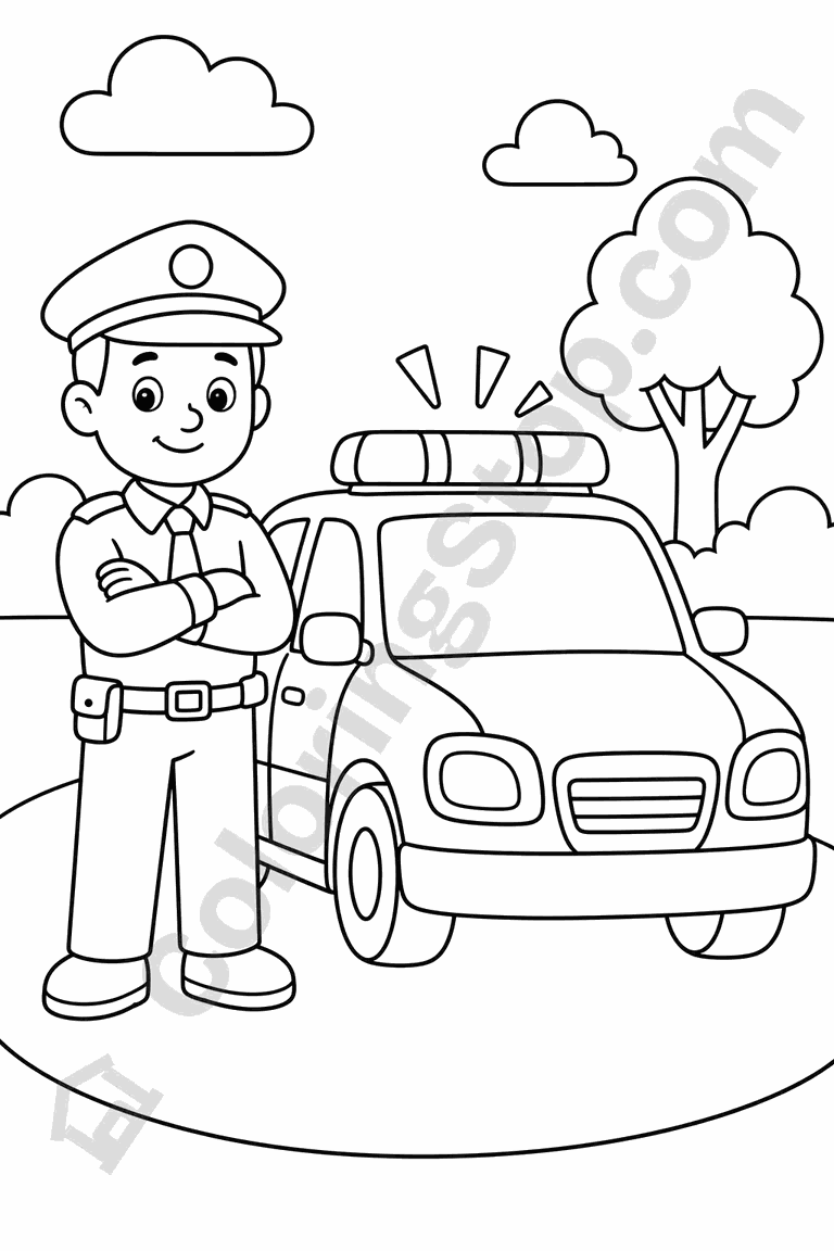 Police Officer and Police Car - line-art coloring page