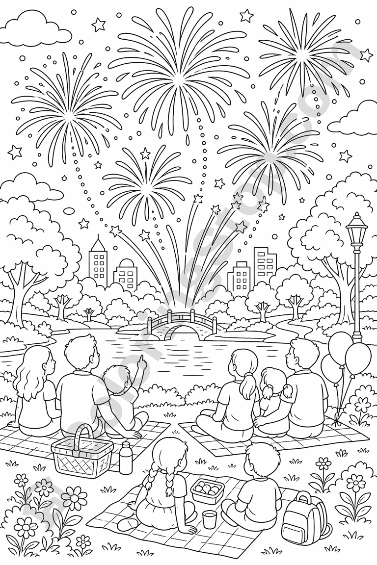 Fireworks in the Park - line-art coloring page