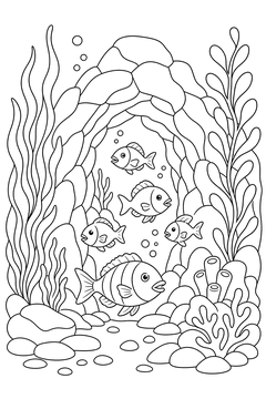 Underwater Cave With Fish line art