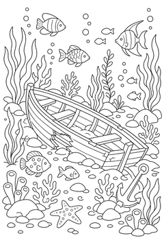 Sunken Boat With Fish line art