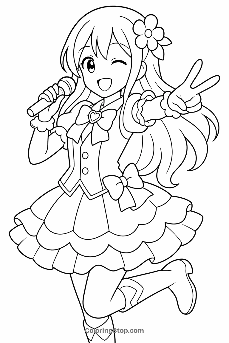 Idol Girl With A Flower - line-art coloring page