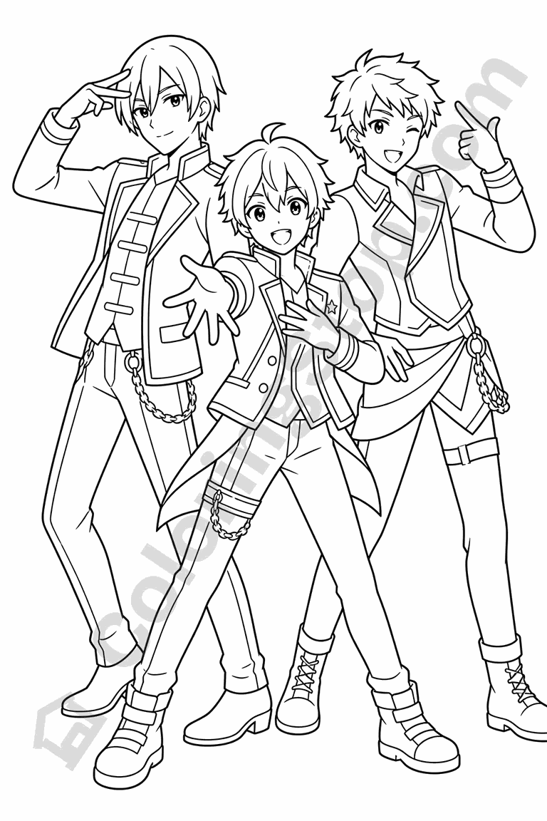Boy Idol Trio Dancing - line-art coloring page