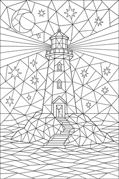 Geometric Lighthouse At Night line art