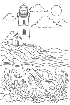 Lighthouse With A Sea Turtle line art