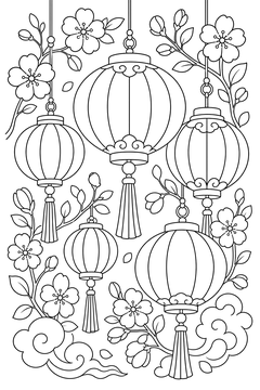 Cluster of Hanging Lanterns line art