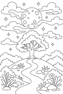 Moon Behind Drifting Clouds line art