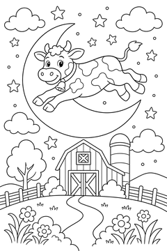 Cow Jumping Over Moon and Barn line art